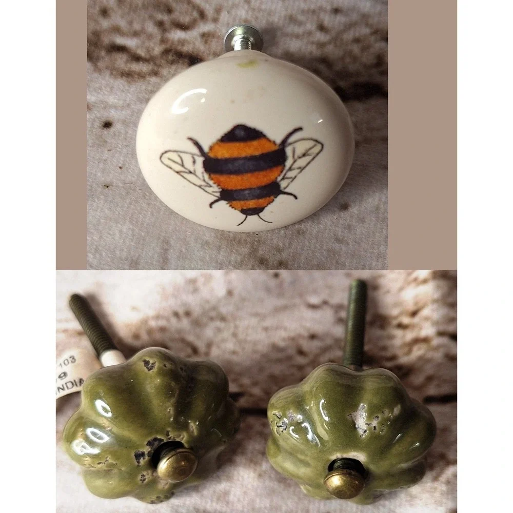 3 Whimsical KNOBs 1 Bumblebee 2 green vintagelike for Door‎ or Drawer or Cabinet